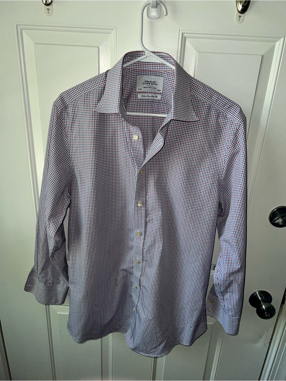 Charles Tyrwhitt Men's Blue and Purple Micro-Check Dress Shirt